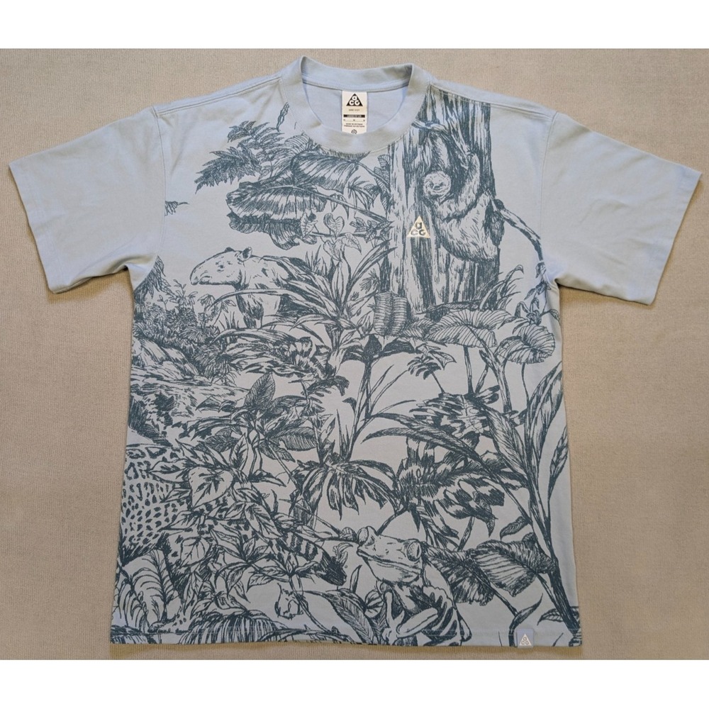 Nike ACG Shirt Mens Medium Blue Jungle All Over Print Dri-Fit Outdoors Hiking